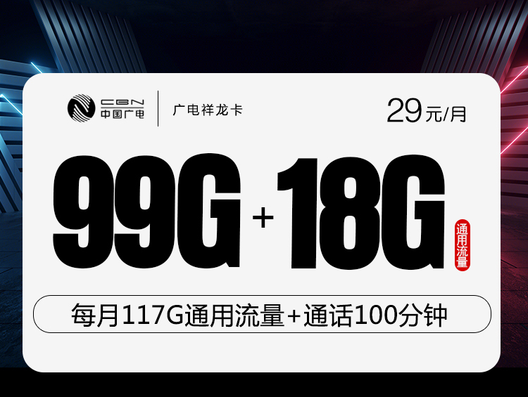 广电祥龙卡29元117G通用流量+100分钟通话