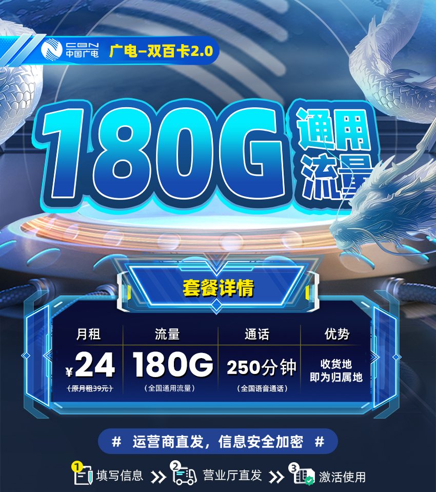 广电双百卡2.0版24元/月享180G通用流量+250分钟通话+在线选号